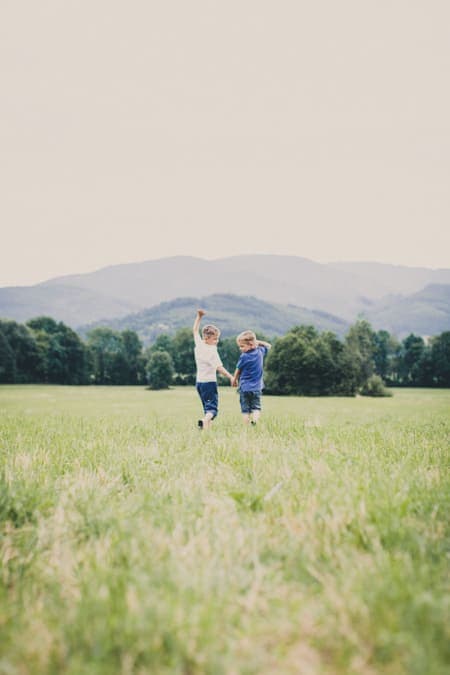 Brüder sind von hinten zu sehen wie sie über die Wiese rennen