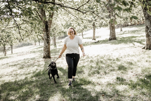 Frau spielt mit Hund und Stock