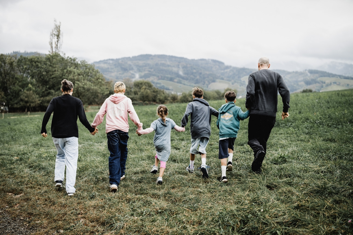 Familie von hinten rennt Hand in Hand über eine Wiese
